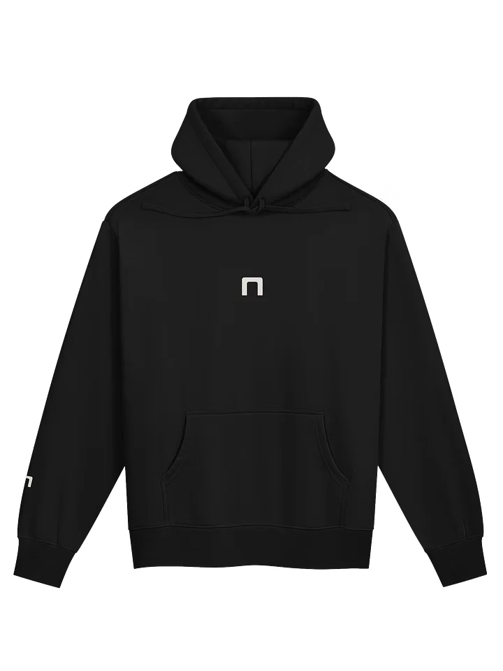 Black Human Standard Hoodie with small white Ethoic marks on the chest and sleeve